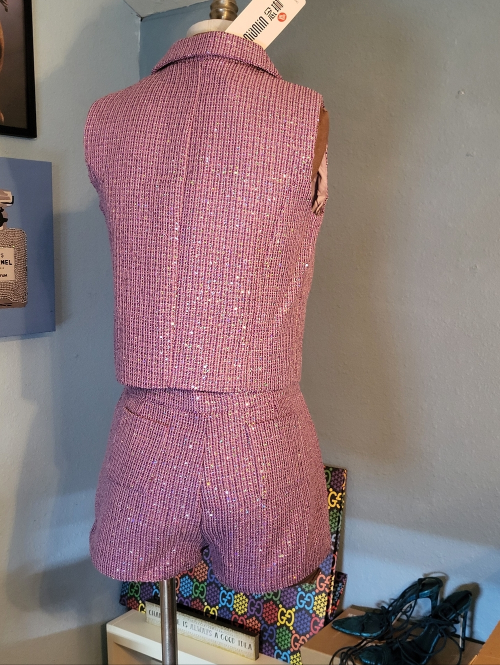 Nianlin Sleeveless Purple Sequin Tweed Shorts Set - Picture 4 of 17